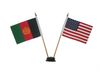 USA & AFGANISTAN SMALL 4" X 6" INCHES MINI DOUBLE COUNTRY STICK FLAG BANNER WITH BLACK STAND ON A 10" INCH PLASTIC POLE .. NEW