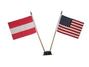 USA & AUSTRIA PLAIN SMALL 4" X 6" INCHES MINI DOUBLE COUNTRY STICK FLAG BANNER WITH BLACK STAND ON A 10" INCH PLASTIC POLE .. NEW
