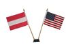USA & AUSTRIA PLAIN SMALL 4" X 6" INCHES MINI DOUBLE COUNTRY STICK FLAG BANNER WITH BLACK STAND ON A 10" INCH PLASTIC POLE .. NEW