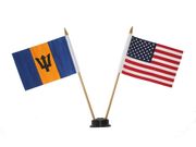 USA & BARBADOS SMALL 4" X 6" INCHES MINI DOUBLE COUNTRY STICK FLAG BANNER WITH BLACK STAND ON A 10" INCH PLASTIC POLE .. NEW