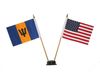 USA & BARBADOS SMALL 4" X 6" INCHES MINI DOUBLE COUNTRY STICK FLAG BANNER WITH BLACK STAND ON A 10" INCH PLASTIC POLE .. NEW