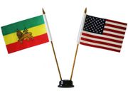 USA & ETHIOPIA LION OF JUDAH  SMALL 4" X 6" INCHES MINI DOUBLE COUNTRY STICK FLAG BANNER WITH BLACK STAND ON A 10" INCH PLASTIC POLE .. NEW