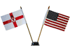 USA & NORTHERN IRELAND SMALL 4" X 6" INCHES MINI DOUBLE COUNTRY STICK FLAG BANNER WITH BLACK STAND ON A 10" INCH PLASTIC POLE .. NEW