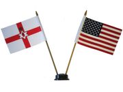 USA & NORTHERN IRELAND SMALL 4" X 6" INCHES MINI DOUBLE COUNTRY STICK FLAG BANNER WITH BLACK STAND ON A 10" INCH PLASTIC POLE .. NEW