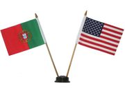 USA & PORTUGAL SMALL 4" X 6" INCHES MINI DOUBLE COUNTRY STICK FLAG BANNER WITH BLACK STAND ON A 10" INCH PLASTIC POLE .. NEW