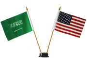 USA & SAUDI ARABIA SMALL 4" X 6" INCHES MINI DOUBLE COUNTRY STICK FLAG BANNER WITH BLACK STAND ON A 10" INCH PLASTIC POLE .. NEW