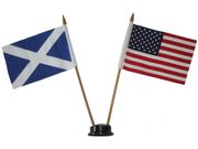 USA & SCOTLAND ST.ANDREWS CROSS SMALL 4" X 6" INCHES MINI DOUBLE COUNTRY STICK FLAG BANNER WITH BLACK STAND ON A 10" INCH PLASTIC POLE .. NEW