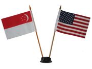 USA & SINGAPORE SMALL 4" X 6" INCHES MINI DOUBLE COUNTRY STICK FLAG BANNER WITH BLACK STAND ON A 10" INCH PLASTIC POLE .. NEW