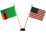 USA & ZAMBIA SMALL 4" X 6" INCHES MINI DOUBLE COUNTRY STICK FLAG BANNER WITH BLACK STAND ON A 10" INCH PLASTIC POLE .. NEW