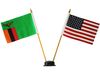 USA & ZAMBIA SMALL 4" X 6" INCHES MINI DOUBLE COUNTRY STICK FLAG BANNER WITH BLACK STAND ON A 10" INCH PLASTIC POLE .. NEW