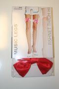 WHITE FENCE NET THIGH HIGH NYLON STOCKINGS WITH WHITE RUFFLE LACE TRIM AND RED BOW ...100-170 LBS ... NEW 