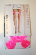 WHITE FENSE NET THIGH HIGH NYLON STOCKINGS WITH WHITE RUFFLE LACE TRIN AND PINK BOW 100 - 175 LBS ...NEW