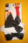WHITE FINE THIGH HI STOCKINGS WITH RIBBON TOP AND BLACK BOW BY MUSIC LEGS 100-175 LBS...NEW