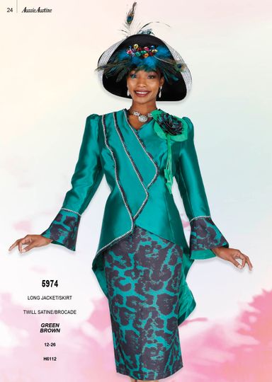 Aussie Austin <br> (Spring/Summer 2026) <br> AA5974 <br> <br> Green  <br>  Brown <br> 12 14 16 18 20 22 24 26<br><br>Long Jacket/Skirt <br> Twill Satine/Brocade