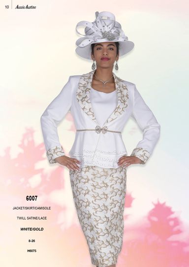 Aussie Austin <br> (Spring/Summer 2026) <br> AA6007 <br> <br> White/Gold <br> 8 10 12 14 16 18 20 22 24 26<br><br>Jacket/Skirt/Cami <br> Twill Satine/Lace