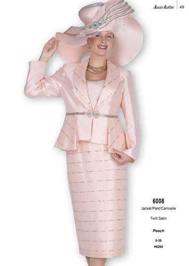 Aussie Austin <br> (Fall & Winter 2025) <br> AA6008 <br> <br> Peach <br> 8 10 12 14 16 18 20 22 24 26<br><br>Jacket/Skirt/Camisole <br> Twill Satin