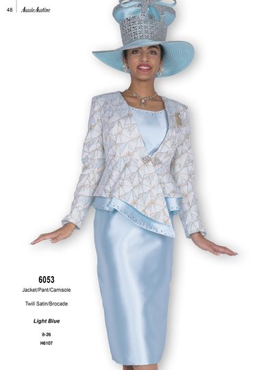 Aussie Austin <br> (Fall & Winter 2025) <br> AA6053 <br> <br> Light-Blue <br> 8 10 12 14 16 18 20 22 24 26<br><br>Jacket/Skirt/Camisole <br> Twill Satin/Brocade