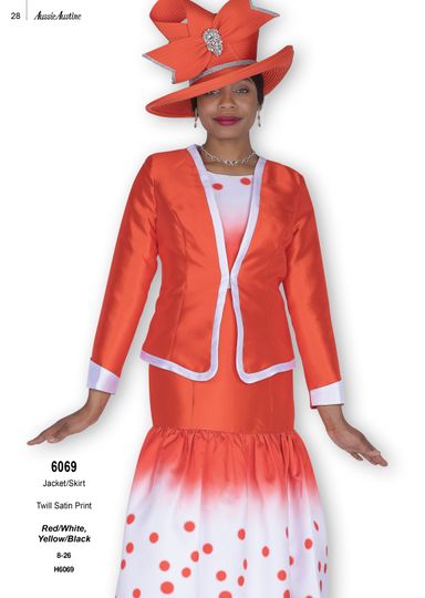 Aussie Austin <br> (Fall & Winter 2025) <br> AA6069 <br> <br> Red/White  <br>   Yellow/Black <br> 8 10 12 14 16 18 20 22 24 26<br><br>Jacket/Skirt <br> Twill Satin Print