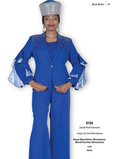Aussie Austin <br> (Fall & Winter 2025) <br> AA6104 <br> <br> Royal-Blue/Silver-Rhinestone  <br>   Black/Fuchsia-Rhinestone <br> 8 10 12 14 16 18 20 22 24 26<br><br>Jacket/Pant/Camisole <br> Crepe De Chin/Rhinestone