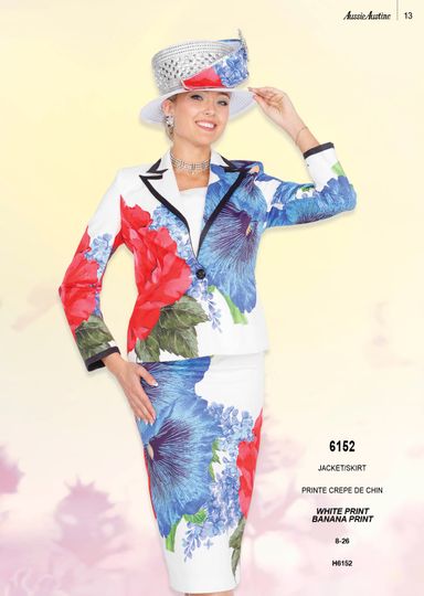 Aussie Austin <br> (Spring/Summer 2026) <br> AA6152 <br> <br> White-Print  <br>  Banana-Print <br> 8 10 12 14 16 18 20 22 24 26<br><br>Jacket/Skirt <br> Printed Crepe De Chin