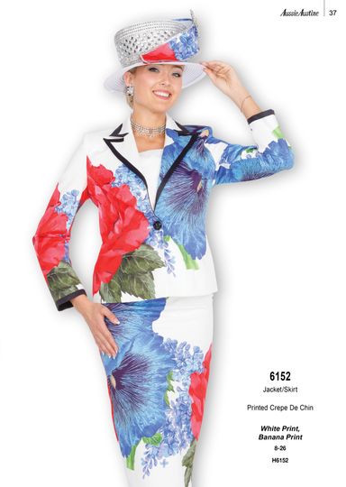 Aussie Austin <br> (Fall & Winter 2025) <br> AA6152 <br> <br> Whte/Print  <br>   Banana/Print <br> 8 10 12 14 16 18 20 22 24 26<br><br>Jacket/Skirt <br> Printed Crepe De Chin