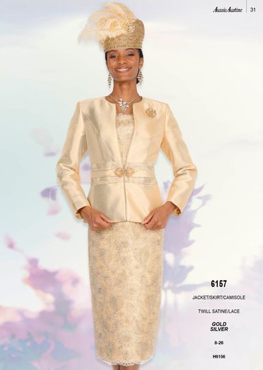 Aussie Austin <br> (Spring/Summer 2026) <br> AA6157 <br> <br> Gold  <br>  Silver <br> 8 10 12 14 16 18 20 22 24 26<br><br>Jacket/Skirt/Cami <br> Twill Satine/Lace