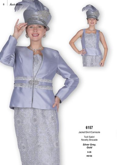 Aussie Austin <br> (Fall & Winter 2025) <br> AA6157 <br> <br> Silver-Grey  <br>   Gold <br> 8 10 12 14 16 18 20 22 24 26<br><br>Jacket/Skirt/Camisole <br> Twill Satin/Novelty Brocade