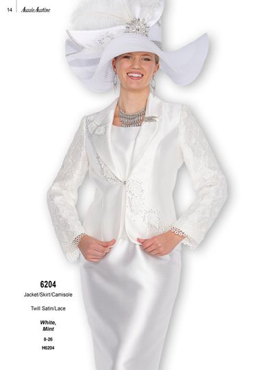 Aussie Austin <br> (Fall & Winter 2025) <br> AA6204 <br> <br> White  <br>   Mint <br> 8 10 12 14 16 18 20 22 24 26<br><br>Jacket/Skirt/Camisole <br> Twill Satin/Lace