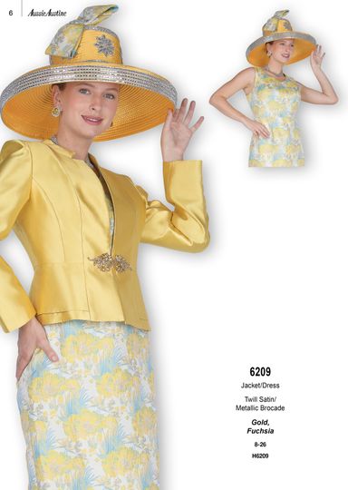 Aussie Austin <br> (Fall & Winter 2025) <br> AA6209 <br> <br> Gold  <br>   Fuchsia <br> 8 10 12 14 16 18 20 22 24 26<br><br>Jacket/Dress <br> Twill Satin/Metallic Brocade