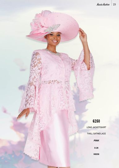 Aussie Austin <br> (Spring/Summer 2026) <br> AA6258 <br> <br> Pink <br> 8 10 12 14 16 18 20 22 24 26<br><br>Long Jacket/Skirt <br> Twill Satine/Lace