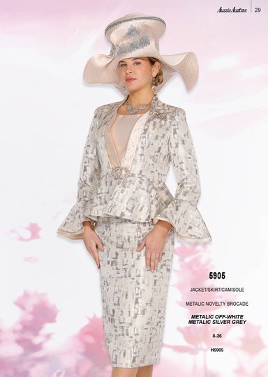Aussie Austin <br> (Spring/Summer 2026) <br> AA5905 <br> <br> Metallic-Off-White  <br>  Metallic-Silver-Gray <br> 8 10 12 14 16 18 20 22 24 26<br><br>Jacket/Skirt/Cami <br> Metallic Novelty Brocade