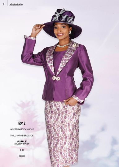 Aussie Austin <br> (Spring/Summer 2026) <br> AA5912 <br> <br> Purple  <br>  Silver-Gray <br> 8 10 12 14 16 18 20 22 24 26<br><br>Jacket/Skirt/Cami <br> Twill Satine/Brocade
