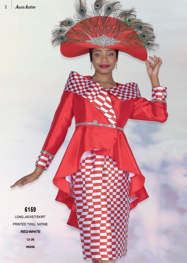 Aussie Austin <br> (Spring/Summer 2026) <br> AA6159 <br> <br> Red/White <br> 12 14 16 18 20 22 24 26<br><br>Long Jacket/Skirt <br> Printed Twill Satine