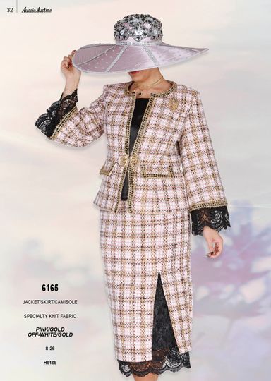 Aussie Austin <br> (Spring/Summer 2026) <br> AA6165 <br> <br> Pink/Gold  <br>  Off-White/Gold <br> 8 10 12 14 16 18 20 22 24 26<br><br>Jacket/Skirt/Cami <br> Specialty Knit Fabric