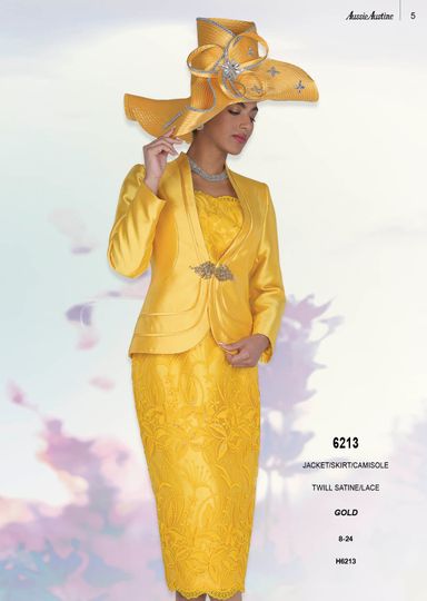 Aussie Austin <br> (Spring/Summer 2026) <br> AA6213 <br> <br> Gold <br> 8 10 12 14 16 18 20 22 24<br><br>Jacket/Skirt/Cami <br> Twill Satine/Lace
