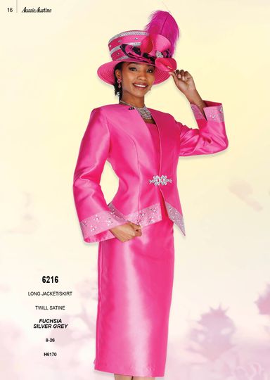 Aussie Austin <br> (Spring/Summer 2026) <br> AA6216 <br> <br> Fuchsia  <br>  Silver-Gray <br> 8 10 12 14 16 18 20 22 24 26<br><br>Long Jacket/Skirt <br> Twill Satine