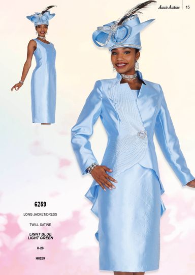 Aussie Austin <br> (Spring/Summer 2026) <br> AA6259 <br> <br> Light-Blue  <br>  Light-Green <br> 8 10 12 14 16 18 20 22 24 26<br><br>Long Jacket/Skirt <br> Twill Satine
