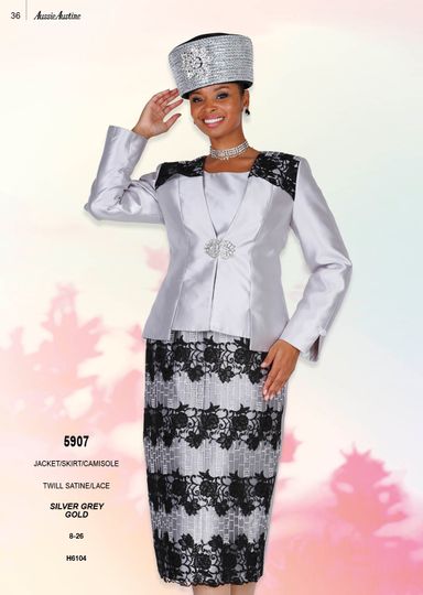Aussie Austin <br> (Spring/Summer 2026) <br> AA5907 <br> <br> Silver-Gray  <br>   Gold <br> 8 10 12 14 16 18 20 22 24 26<br><br>Jacket/Skirt/Cami <br> Twill Satine/Lace