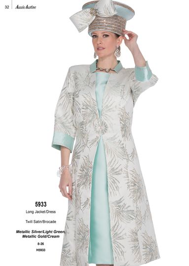 Aussie Austin <br> (Fall & Winter 2025) <br> AA5933 <br> <br> Metallic-Silver/Light Green  <br>   Metallic-Gold/Cream <br> 8 10 12 14 16 18 20 22 24 26<br><br>Long Jacket/Dress <br> Twill Satin/Brocade