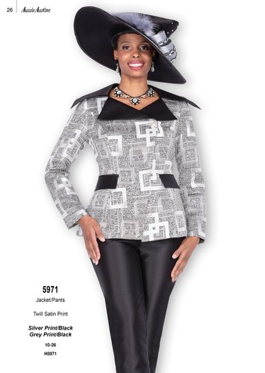 Aussie Austin <br> (Fall & Winter 2025) <br> AA5971 <br> <br> Silver-Print/Black <br> 8 10 12 14 16 18 20 22 24 26<br><br>Jacket/Pants <br> Twill Satin Print