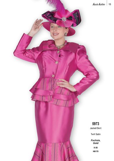 Aussie Austin <br> (Fall & Winter 2025) <br> AA5973 <br> <br> Fuchsia  <br>   Gold <br> 8 10 12 14 16 18 20 22 24 26<br><br>Jacket/Skirt <br> Twill Satin