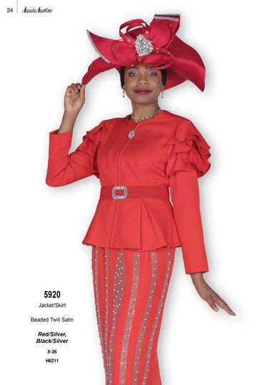Aussie Austin <br> (Fall & Winter 2025) <br> AA5920 <br> <br> Red/Silver  <br>   Black/Silver <br> 8 10 12 14 16 18 20 22 24 26<br><br>Jacket/Skirt <br> Beaded Twill Satin