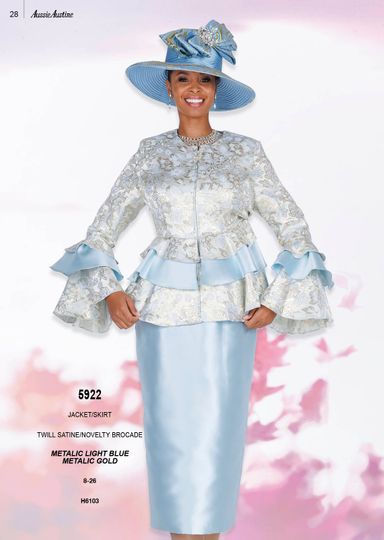 Aussie Austin <br> (Spring/Summer 2026) <br> AA5922 <br> <br> Metallic-Light-Blue  <br>  Metallic-Gold <br> 8 10 12 14 16 18 20 22 24 26<br><br>Jacket/Skirt <br> Twill Satine/Novelty Brocade
