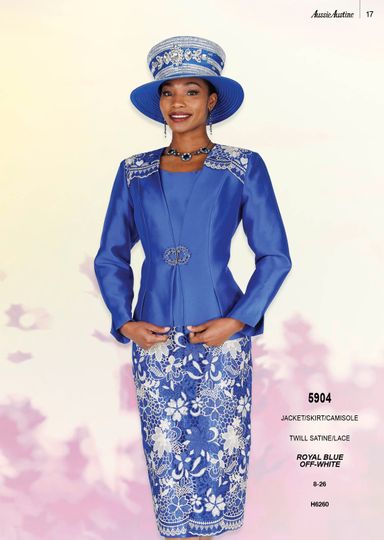 Aussie Austin <br> (Spring/Summer 2026) <br> AA5904 <br> <br> Royal-Blue  <br>  Off-White <br> 8 10 12 14 16 18 20 22 24 26<br><br>Jacket/Skirt/Cami <br> Twill Satine/Lace