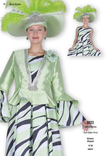 Aussie Austin <br> (Fall & Winter 2025) <br> AA6023 <br> <br> Green  <br>   Peach <br> 10 12 14 16 18 20 22 24 26<br><br>Jacket/Dress <br> Twill Satin Print