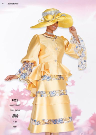 Aussie Austin <br> (Spring/Summer 2026) <br> AA6025 <br> <br> Gold  <br>  White <br> 8 10 12 14 16 18 20 22 24 26<br><br>Jacket/Skirt <br> Twill Satine