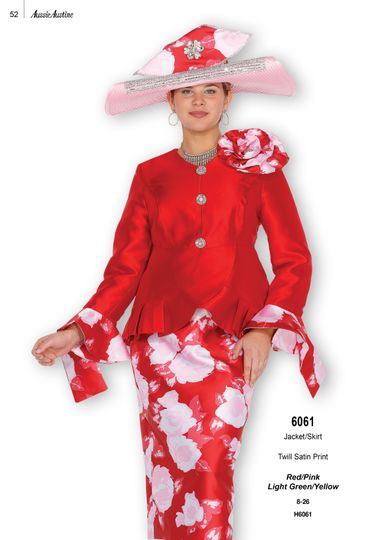 Aussie Austin <br> (Fall & Winter 2025) <br> AA6061 <br> <br> Red/Pink <br> 8 10 12 14 16 18 20 22 24 26<br><br>Jacket/Skirt <br> Twill Satin Print