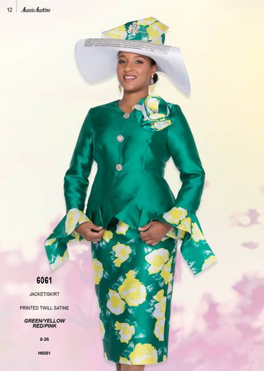 Aussie Austin <br> (Spring/Summer 2026) <br> AA6061 <br> <br> Green/Yellow  <br>  Red/Pink <br> 8 10 12 14 16 18 20 22 24 26<br><br>Jacket/Skirt <br> Printed Twill Satine
