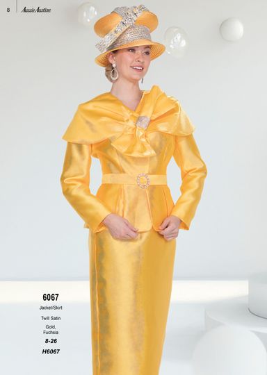 Aussie Austine <br> (Spring & Summer 2025) <br> AA6067 <br> <br> Gold  <br>  Fuchsia <br> 8 10 12 14 16 18 <br> 20 22 24 26<br><br>Jacket/Skirt<br>Twill Satin