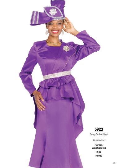 Champagne Italy <br> (Fall/Winter 2025) <br> CH5923 <br> <br> Purple  <br>   Light-Brown  <br> 8 10 12 14 16 18 20 22 24 26<BR><BR>Long Jacket/Skirt<BR>Twill Satine